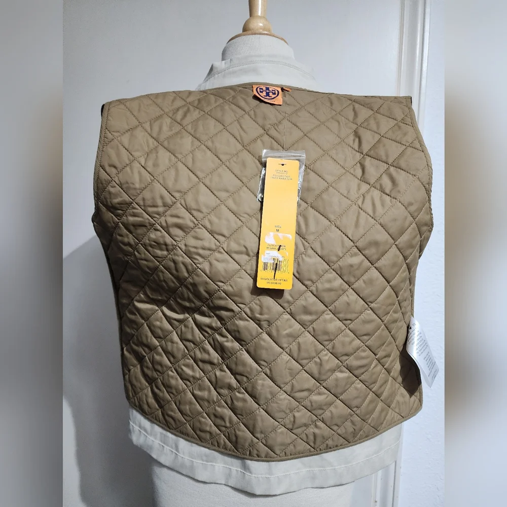 Tory Burch Regina Jacket  Quilted Vest Tan Zip Front Leather Trim M